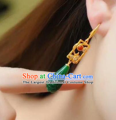 Handmade China Golden Eardrop Accessories National Cheongsam Earrings Traditional Jade Jewelry