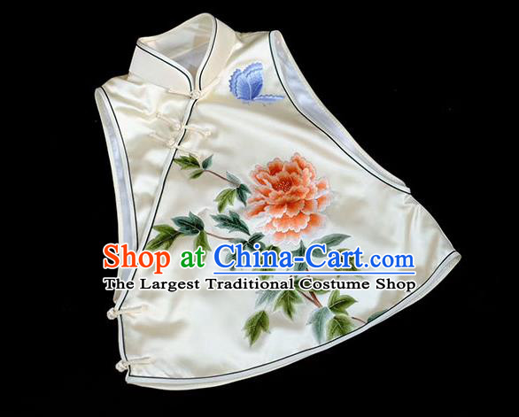 Chinese Traditional Beige Silk Waistcoat Costume Embroidered Peony Vest Upper Outer Garment