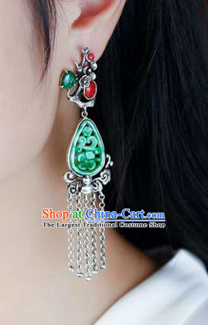 Handmade China Silver Plum Eardrop Accessories Traditional Jade Jewelry National Cheongsam Tassel Earrings