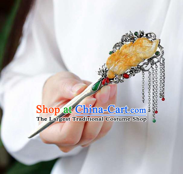 Chinese National Jade Jewelry Traditional Handmade Hair Accessories Silver Tassel Hairpin