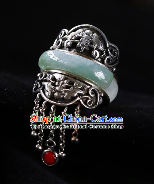 Chinese National Jade Ring Jewelry Traditional Handmade Silver Tassel Circlet Accessories