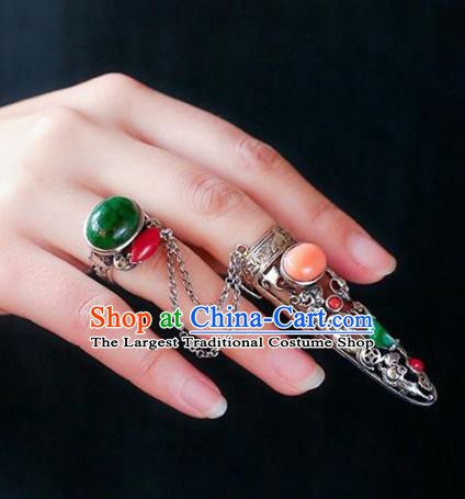 Chinese Traditional Handmade Accessories Nail Wrap with Jadeite Ring National Retro Silver Jewelry