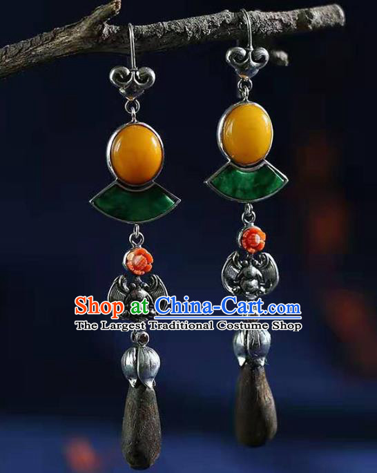 Handmade China Silver Bat Eardrop Jewelry Traditional Cheongsam Jade Accessories National Eaglewood Earrings