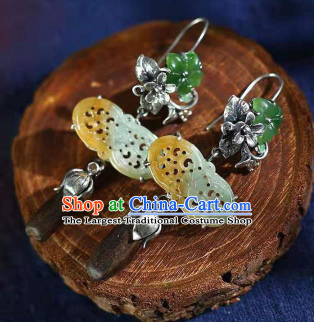 Handmade China Silver Flower Eardrop Jewelry Traditional Cheongsam Eaglewood Accessories National Jade Earrings