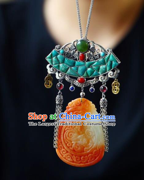 Chinese Classical Kallaite Silver Necklet Pendant Handmade Accessories National Jade Carving Necklace