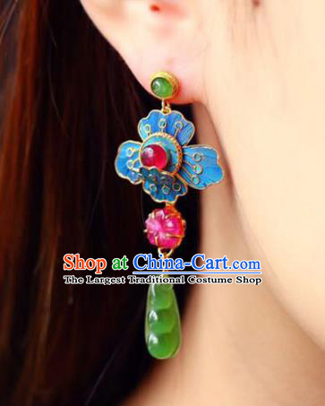 Handmade China Jade Peasecod Eardrop Jewelry Traditional Qing Dynasty Accessories National Cheongsam Blueing Earrings