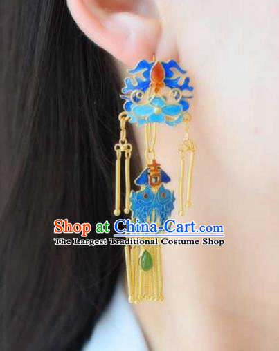Handmade China Blueing Bat Eardrop Jewelry Traditional Accessories National Cheongsam Golden Tassel Earrings
