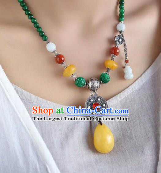 Chinese Classical Beeswax Necklet Pendant Handmade Silver Accessories National Jadeite Beads Necklace