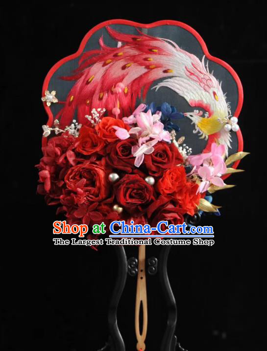 China Embroidered Phoenix Palace Fan Traditional Silk Fan Handmade Red Rose Wedding Fan