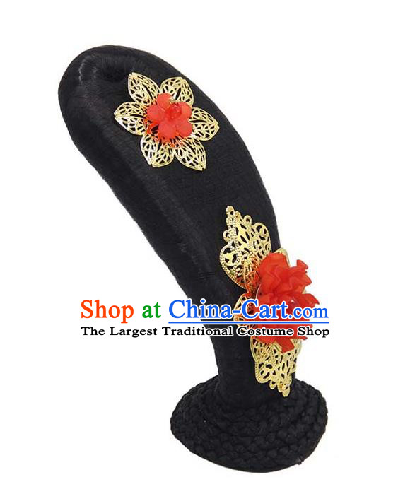Chinese Traditional Flying Apsaras Hair Chignon Classical Dance Wigs and Red Peony Hairpin