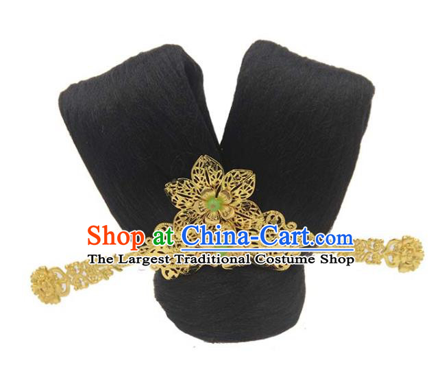 Chinese Traditional Tang Dynasty Palace Lady Wigs Classical Dance Hair Chignon and Tassel Golden Hairpins