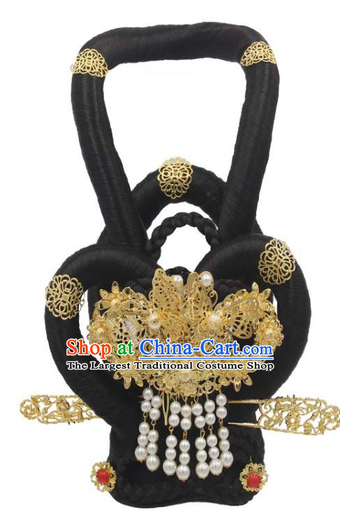 Chinese Classical Dance Hair Chignon and Golden Hairpins Traditional Tang Dynasty Palace Lady Wigs