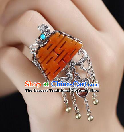 Chinese National Wedding Circlet Jewelry Traditional Handmade Jade Accessories Silver Tassel Ring