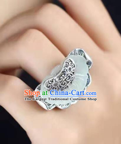 Chinese Handmade Silver Circlet Accessories Traditional National Jade Lotus Ring