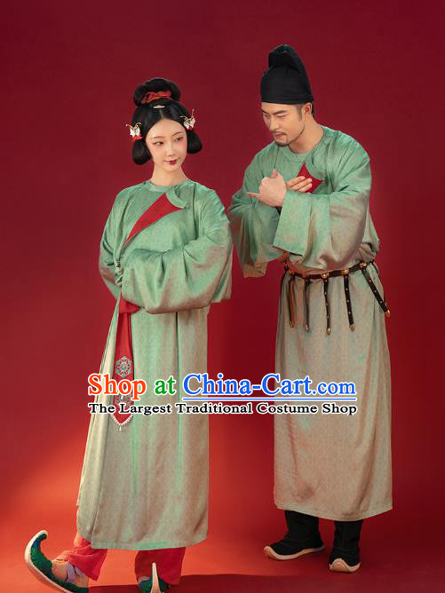 Traditional China Ancient Tang Dynasty Historical Clothing Reversible Green Round Collar Robe for Women for Men