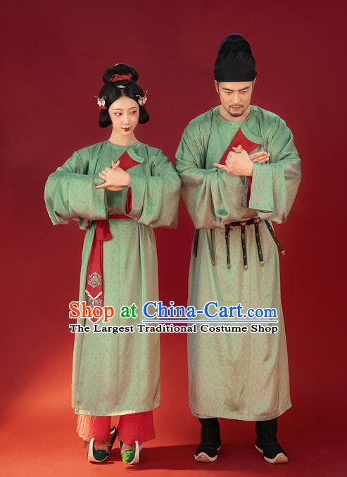 Traditional China Ancient Tang Dynasty Historical Clothing Reversible Green Round Collar Robe for Women for Men
