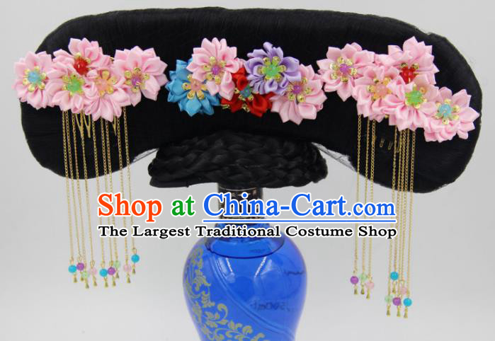 Chinese Qing Dynasty Palace Lady Hair Chignon and Pink Silk Flowers Hairpins Ancient Princess Wigs Great Wing