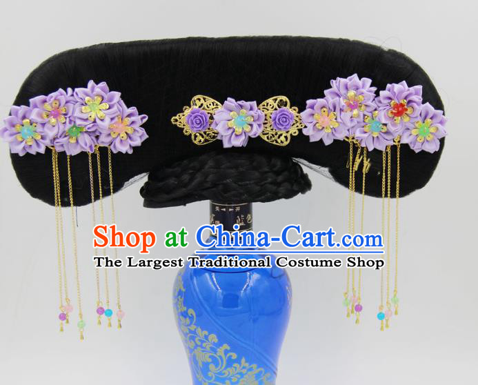 Chinese Ancient Qing Dynasty Palace Princess Great Wing Wigs and Purple Silk Flowers Hairpins