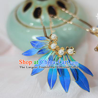 Chinese Traditional Ming Dynasty Hair Stick Ancient Princess Blue Silk Hairpin