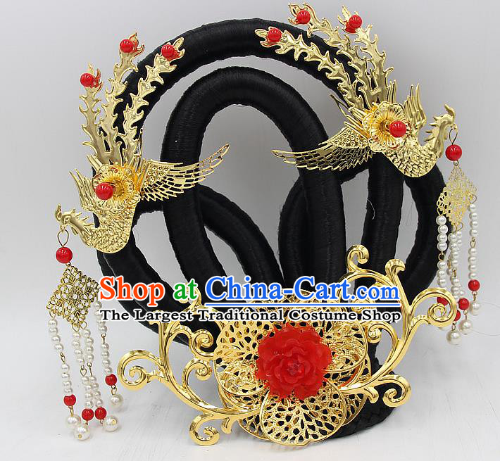 Chinese Ancient Court Lady Wigs Sheath Headwear Tang Dynasty Court Woman Hair Chignon and Golden Phoenix Hairpins