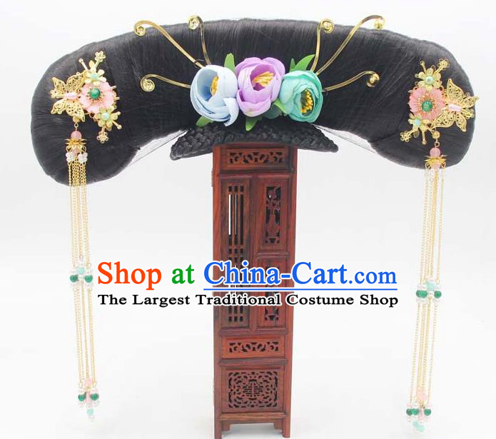 Chinese Qing Dynasty Palace Lady Hair Chignon and Hairpins Ancient Manchu Princess Wigs Great Wing Headwear