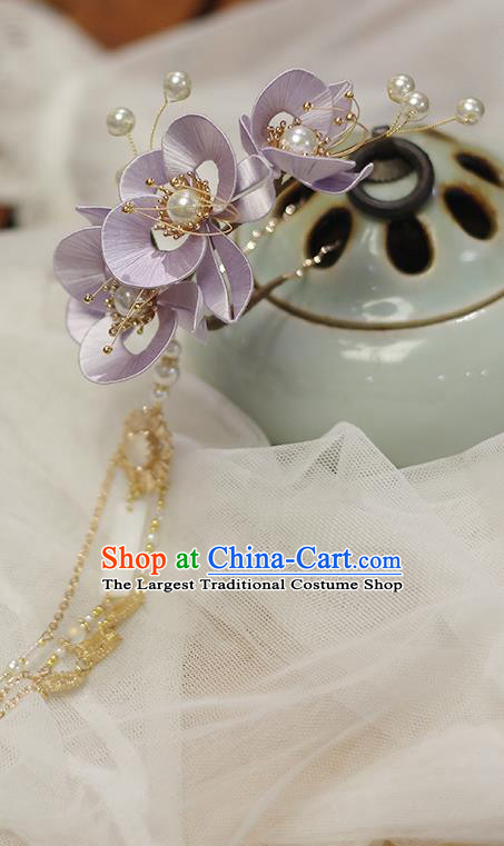 Chinese Ancient Princess Purple Silk Flowers Hairpin Hair Accessories Traditional Tassel Hair Stick