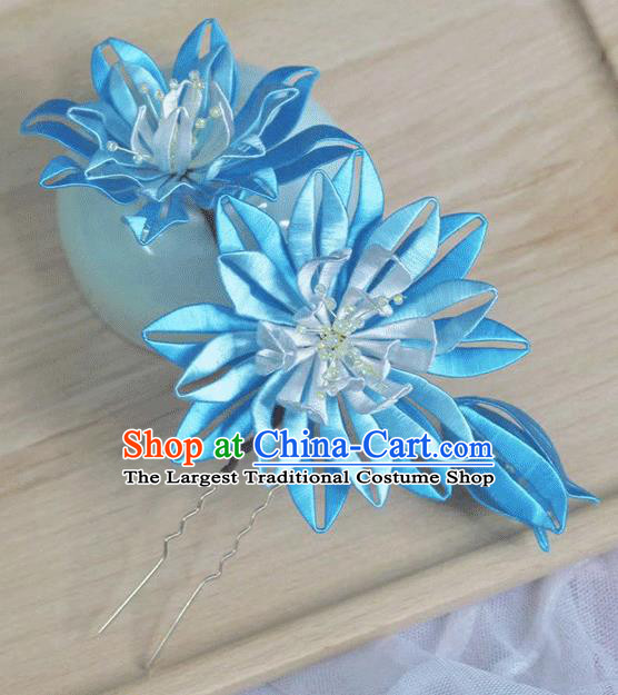 Chinese Classical Blue Silk Epiphyllum Hair Stick Traditional Hanfu Hairpin Handmade Hair Accessories