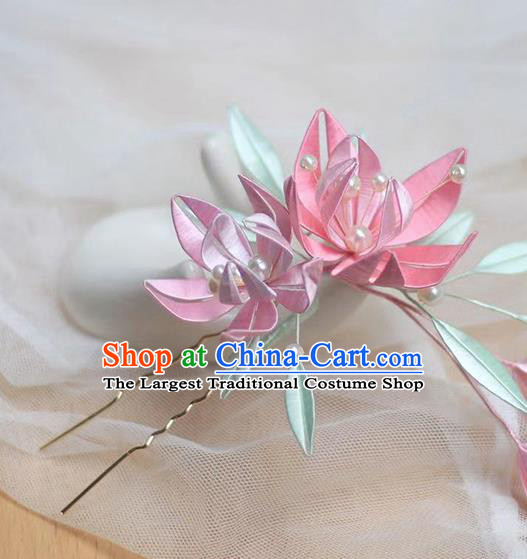 Chinese Traditional Song Dynasty Flowers Hairpin Classical Hair Accessories Handmade Pink Silk Hair Stick