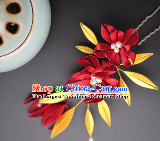 Chinese Traditional Song Dynasty Palace Lady Hairpin Handmade Ancient Princess Red Silk Hair Stick