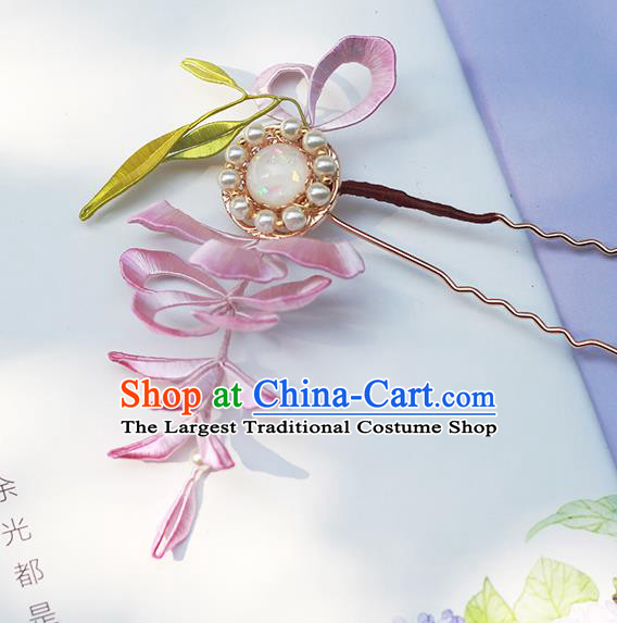 Chinese Traditional Pearls Hair Stick Hanfu Hair Accessories Handmade Classical Pink Silk Wisteria Hairpin