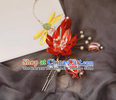 Chinese Handmade Red Silk Lotus Dragonfly Hair Stick Ancient Palace Lady Hairpin Traditional Song Dynasty Headpiece