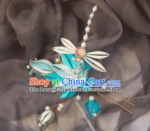 Chinese Handmade Blue Silk Lotus Dragonfly Hair Stick Ancient Royal Princess Hairpin Headwear