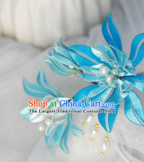 Chinese Handmade Blue Silk Flowers Hairpin Ancient Ming Dynasty Hair Stick