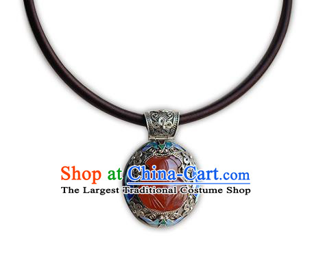 China Traditional Cloisonne Silver Necklet Jewelry Accessories National Agate Carving Friendlies Necklace Pendant