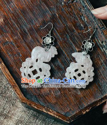 Handmade Chinese White Jade Cock Eardrop Traditional Ear Jewelry Classical Cheongsam Earrings Accessories