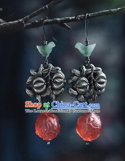 Handmade Chinese Traditional Red Coloured Glaze Ear Jewelry Classical Cheongsam Earrings Accessories Silver Flowers Eardrop