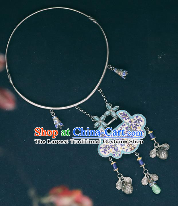 Chinese Classical Blueing Longevity Lock Jewelry National Silver Necklace Handmade Ethnic Necklet Accessories