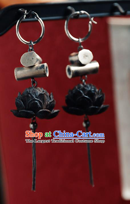 Handmade Chinese Classical Cheongsam Ebony Carving Lotus Earrings Accessories Traditional Ear Jewelry Silver Eardrop