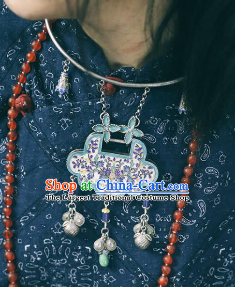 Chinese Classical Blueing Longevity Lock Jewelry National Silver Necklace Handmade Ethnic Necklet Accessories