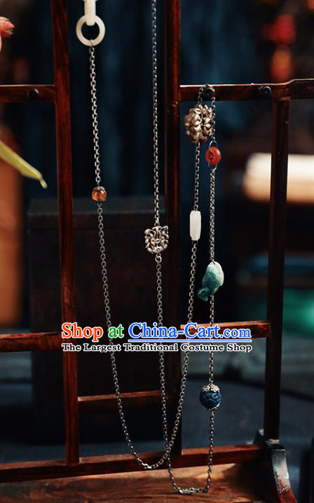 Chinese National Jade Necklace Classical Cheongsam Jewelry Handmade Ethnic Silver Tassel Necklet Accessories