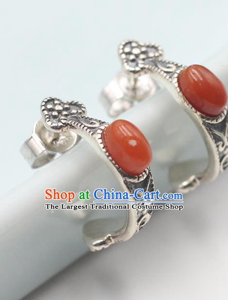Handmade Chinese Agate Ear Jewelry Traditional Silver Eardrop Classical Earrings Accessories