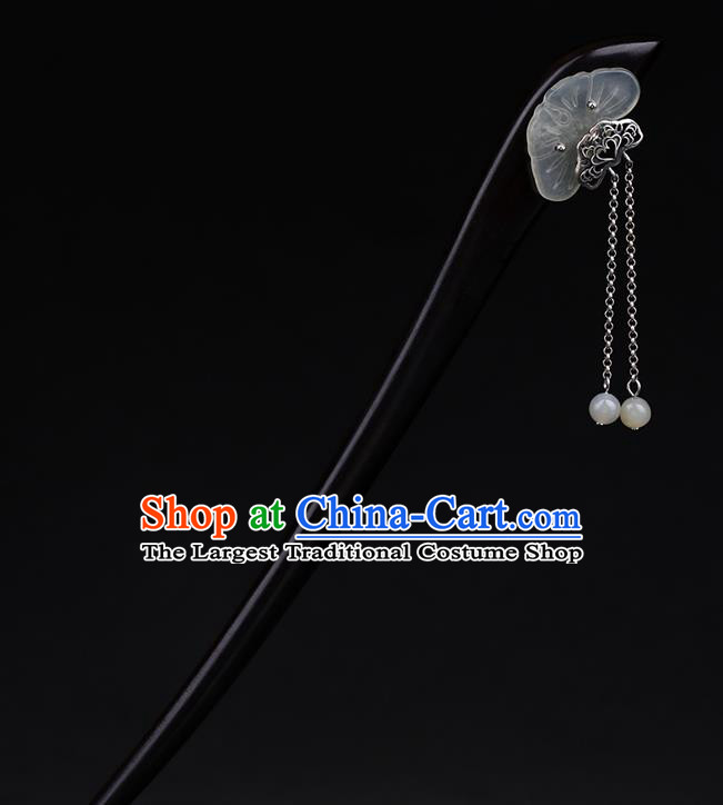 China National Tassel Ebony Hairpin Handmade Hair Jewelry Accessories Traditional Cheongsam Jade Lotus Leaf Hair Stick