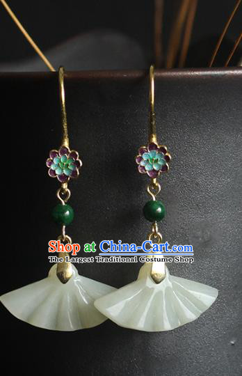 Handmade Chinese Classical Jade Fan Earrings Accessories Cheongsam Ear Jewelry Traditional Enamel Eardrop
