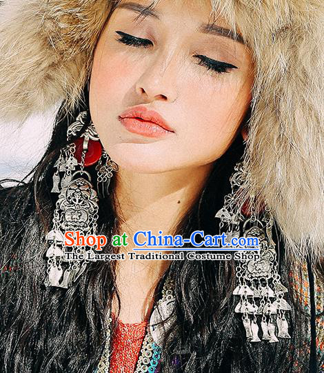 Handmade Chinese Traditional Agate Eardrop Classical Earrings Accessories Ethnic Silver Fish Tassel Ear Jewelry