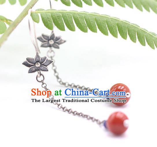 Handmade Chinese Traditional Agate Tassel Eardrop Classical Earrings Accessories Ethnic Silver Lotus Ear Jewelry