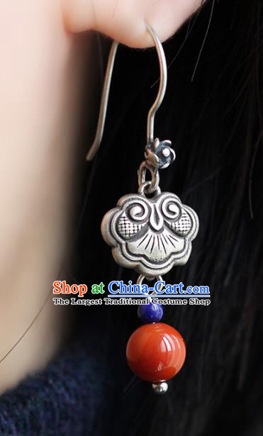 Handmade Chinese Traditional Silver Carving Eardrop Ethnic Agate Ear Jewelry Classical Earrings Accessories