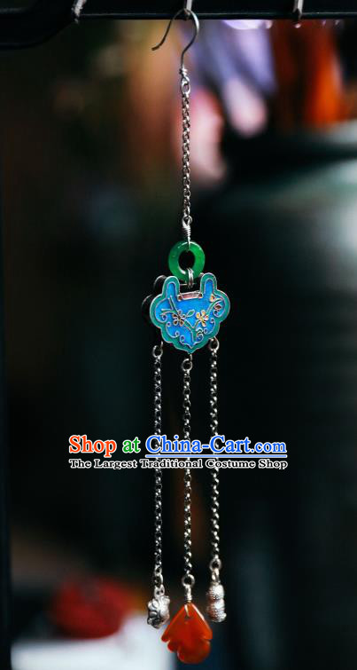 Handmade Chinese Traditional Blueing Silver Eardrop Classical Cheongsam Earrings Accessories Jade Ear Jewelry