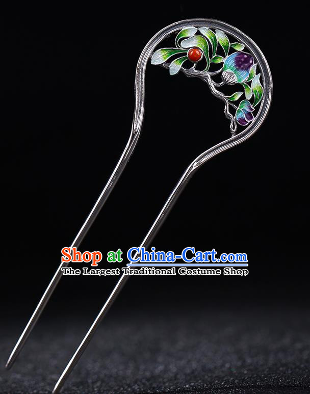 China National Silver Coral Hairpin Handmade Hair Jewelry Accessories Traditional Cheongsam Enamel Peony Hair Stick