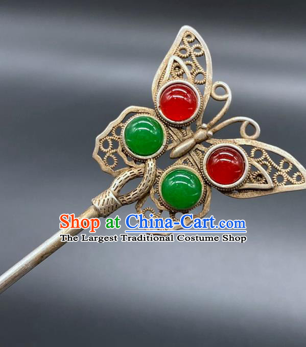 China Classical Silver Butterfly Hairpin Handmade Gems Hair Stick Traditional Hair Accessories