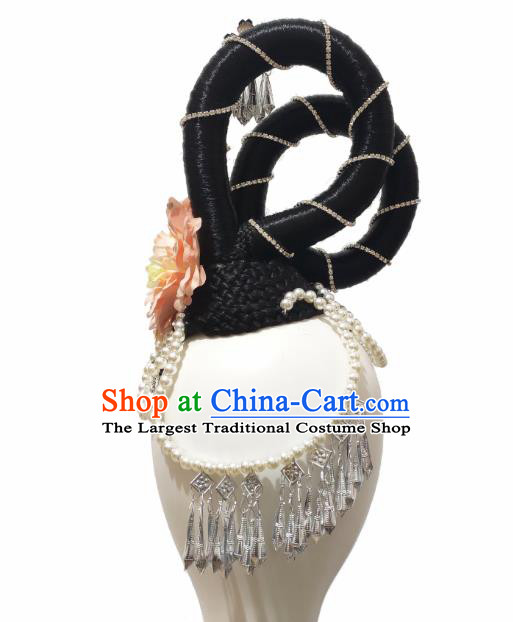 Traditional China Classical Dance Stage Show Hair Accessories Court Dance Headwear Handmade Flying Apsaras Dance Wig Chignon